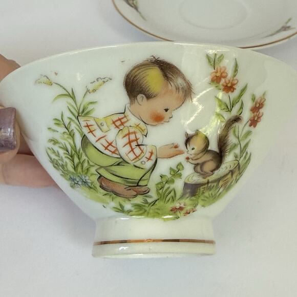 Vintage Seyei Nagoya Japan Fine China Children Set Cup Bowl Saucer Boy Squirrel - Picture 2 of 9